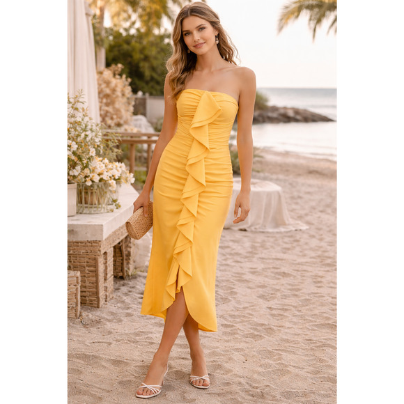 C/MEO Collective Dresses & Skirts - C/Meo Collective Womens Strapless Ruffle Dress M Marigold Yellow Wedding Guest